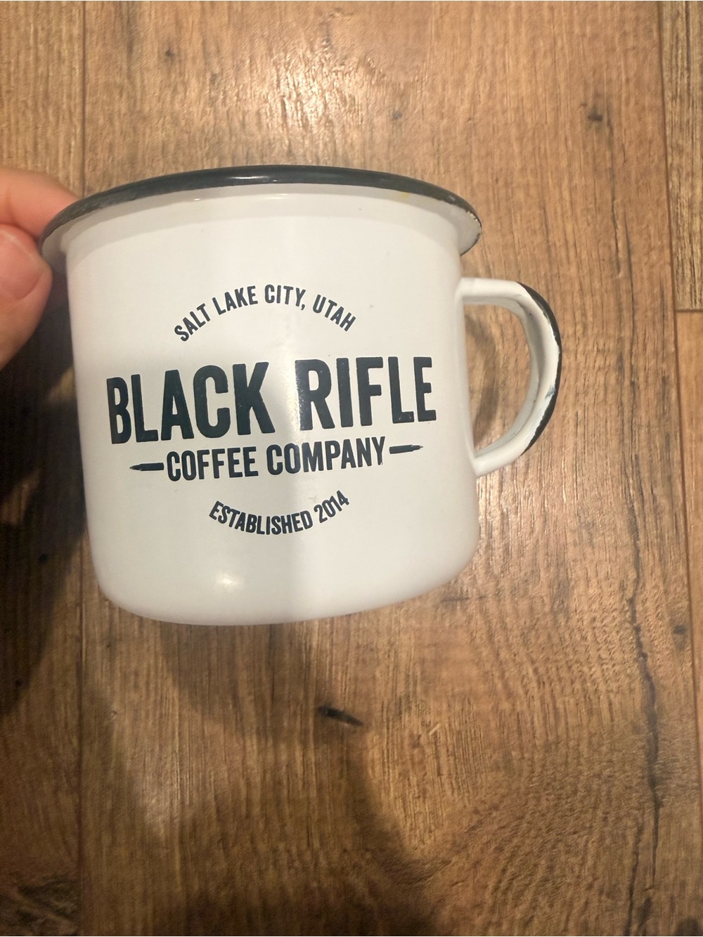 Black Rifle Coffee Company White Enamel Camp Mug with Black Rim
